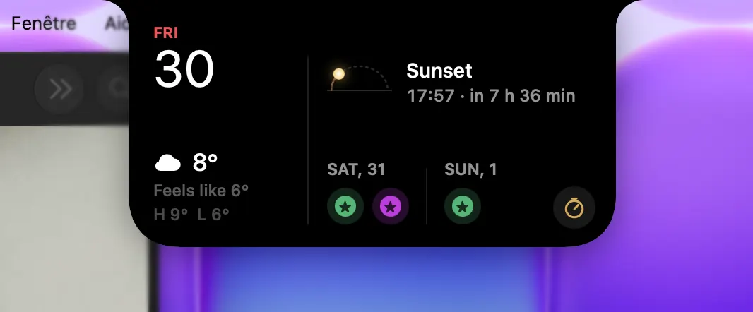 Gooseberry expanded island showing date, weather, sunset and calendar indicators